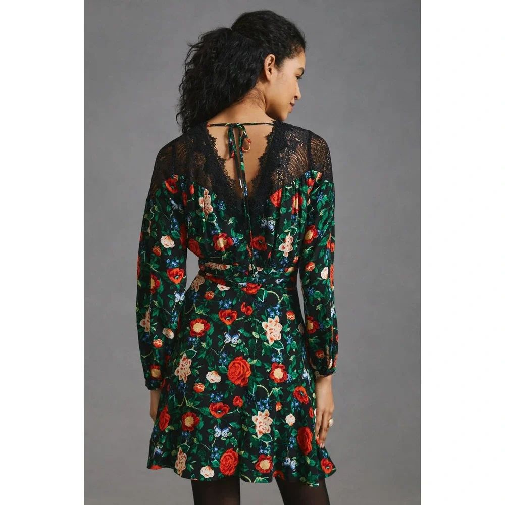 Floral V-Neck Long Sleeve Mini Dress - Green - Picture 4 of 5
